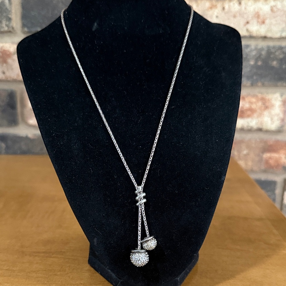Brighton silver plated twist Lariat style Double Crystal Ball Necklace